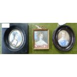 19thC School portrait miniature of a young woman in blue dress 3¼in x 2?in (8.25cm x 6cm), in oval