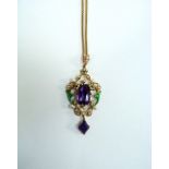 An attractive amethyst, seed pearl and enamel Pendant and Chain, the pendant of open diamond form,