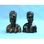 West African tribal interest: a pair of high quality carved ebony wooden busts of a man and a woman,