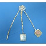 An Edwardian silver plated three chain Chatelaine, with ornate pierced belt clip, suspending a