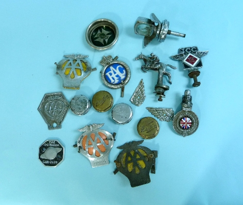 Motoring Memorabilia: A collection of vintage Car Badges, including four AA, one RAC, one JCC, a