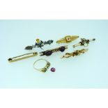 A small collection of jewellery, comprising five bar brooches, four marked 9ct and variously set