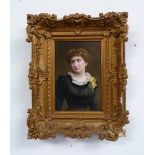 A late 19thC Berlin porcelain Plaque, depicting a woman in black dress wearing a spray of yellow