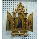 A gilt wood religious Tryptych, by 'C&A Schwicker', Florence, 7in (19cm) x 17in (42cm)