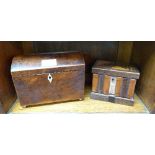 A 19thC walnut Tea Caddy, raised on brass bun feet, together with a smaller Tunbridge-ware