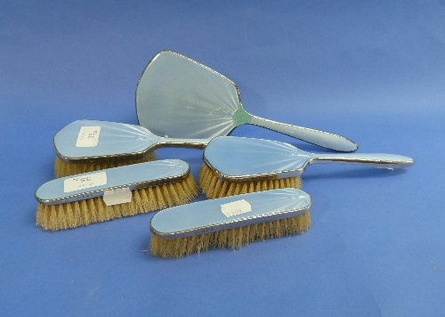 A five piece silver and light-blue enamel Dressing Table set, hallmarked Birmingham, 1913,