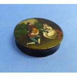 A 19thC Continental papier mâché circular Box, the lid delicately painted with figures in a wooded