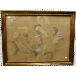 19thC English School Portrait of four children at play, two holding dolls pencil heightened with