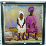 Jeffrey Platt (British, b.1940) West African women seated on a bench oil on canvas, signed 22in x