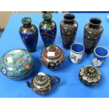 A pair of cloisonné black ground Vases, 6in (15cm) high, together with eight other pieces of