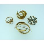 A collection of three Brooches, all in 9ct yellow gold, one of curled leaf form, one of open