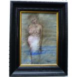 Christina Ostrom (20thC) Topless Woman oil on board, signed 14in x 10in (35.5cm x 25.5cm), framed.