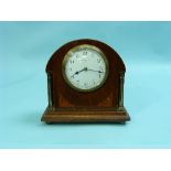 An Edwardian inlaid oak Mantel Clock, the dial marked 'Bravingtons London, Made in France',