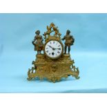 A French ornate gilt metal Mantel Clock, together with an oak cased Napoleon Hat Mantel Clock (2)