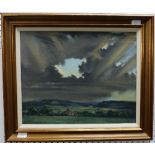 20thC School Brooding Sky oil on board, signed with initials 16in x 20in (40.5cm x 51cm), framed.