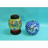 An Oriental porcelain Jar and Cover, of blue-ground globular form, decorated in coloured enamels