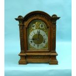 A German quarter striking Mantel Clock, Lenzkirch circa 1890, the burr walnut veneered case with