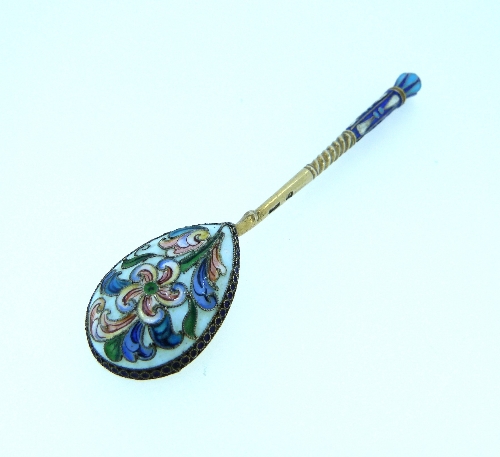 A set of six Russian silver-gilt and cloisonné enamel Teaspoons, Nikolai Zverev, Moscow, 1908- - Image 2 of 3