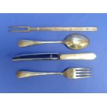 A silver, mother-of-pearl and steel Knife, Fork and Spoon set, by Francis Howard Ltd, hallmarked