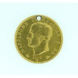 An Italian 1812 M Napoleon Bonaparte 40 Lire Gold Coin, drilled.