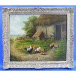 Early 20thC English School Cockerel and hens in a farm yard oil on canvas 20in x 24in (51cm x 61cm),