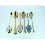 Three Continental silver and coloured enamel Coffee Spoons, marked '925' together with three other