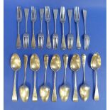 A Victorian silver part set of nine Dessert Spoons, hallmarked London, 1842, Old English pattern,
