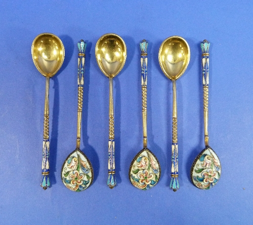 A set of six Russian silver-gilt and cloisonné enamel Teaspoons, Nikolai Zverev, Moscow, 1908-