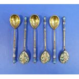 A set of six Russian silver-gilt and cloisonné enamel Teaspoons, Nikolai Zverev, Moscow, 1908-