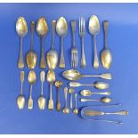 A quantity of mixed silver Flatware, including 19 various spoons, a pair of forks, a pair of sugar