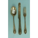 A Victorian silver three piece Knife, Fork and Spoon Set, hallmarked Sheffield, 1867, the handles