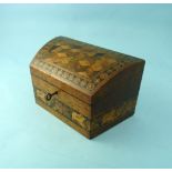A Tunbridgeware walnut Stationery Box, by Thomas Barton, the domed cover with a perspective cube