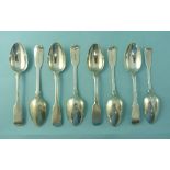 Five William IV silver fiddle pattern desert spoons, hallmarked London, 1831 & 1835, together with