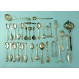 A quantity of mixed silver Flatware, including teaspoons, sugar nips, butter knife, sauce ladle etc.