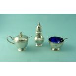 A three piece silver Cruet Set, by Roberts & Belk, hallmarked Sheffield, 1984 & 1985, of traditional