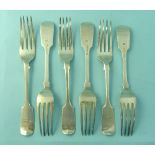 A set of six Victorian silver fiddle pattern Table Forks, hallmarked London, 1877 & 1878, crested,