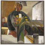 Mary Mabbutt, 20th Century British, 'Portrait with Mimosa', oil on canvas, inscribed verso, and