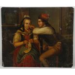Two 19th Century continental oil on tin paintings, one portraying a pair of lovers in domestic