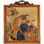 'A Couple with Baskets of Game and Fruit', needlepoint, English, 19th century, 35.6 x 33.2cm, framed