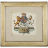 A framed watercolour of the royal coat of arms wit