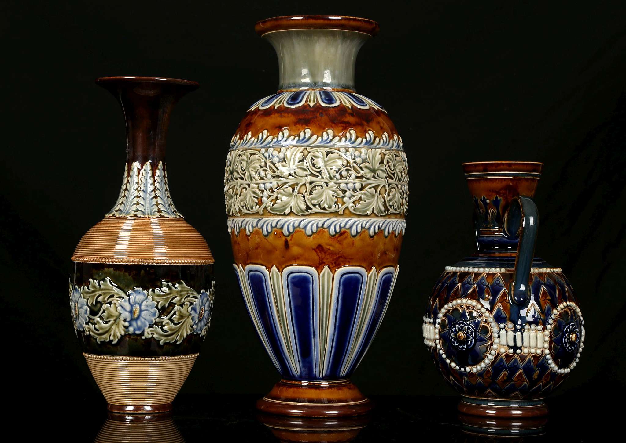 THREE DOULTON LAMBETH VASES, early 20th century, comprising a large baluster vase decorated with a - Image 3 of 5