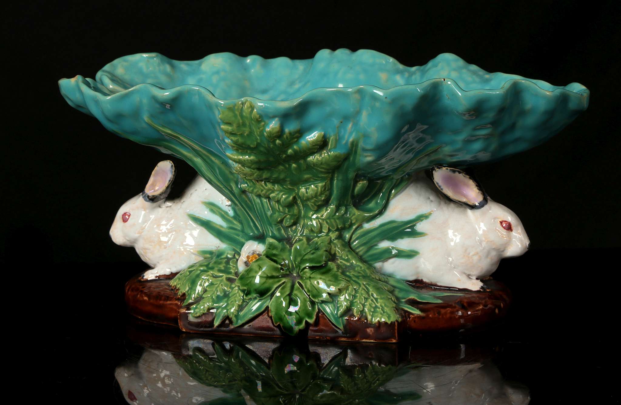 A MINTON MAJOLICA RABBIT COMPORT, dated 1870, modelled as a large cabbage leaf in bright