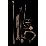 A quantity of 9ct gold items to include; curb bracelet, chains, pendants, earrings, bar brooch,