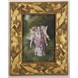 An oil painting on card of a kneeling maiden being kissed by cherubs. Monogrammed CHC. 65 x 11.