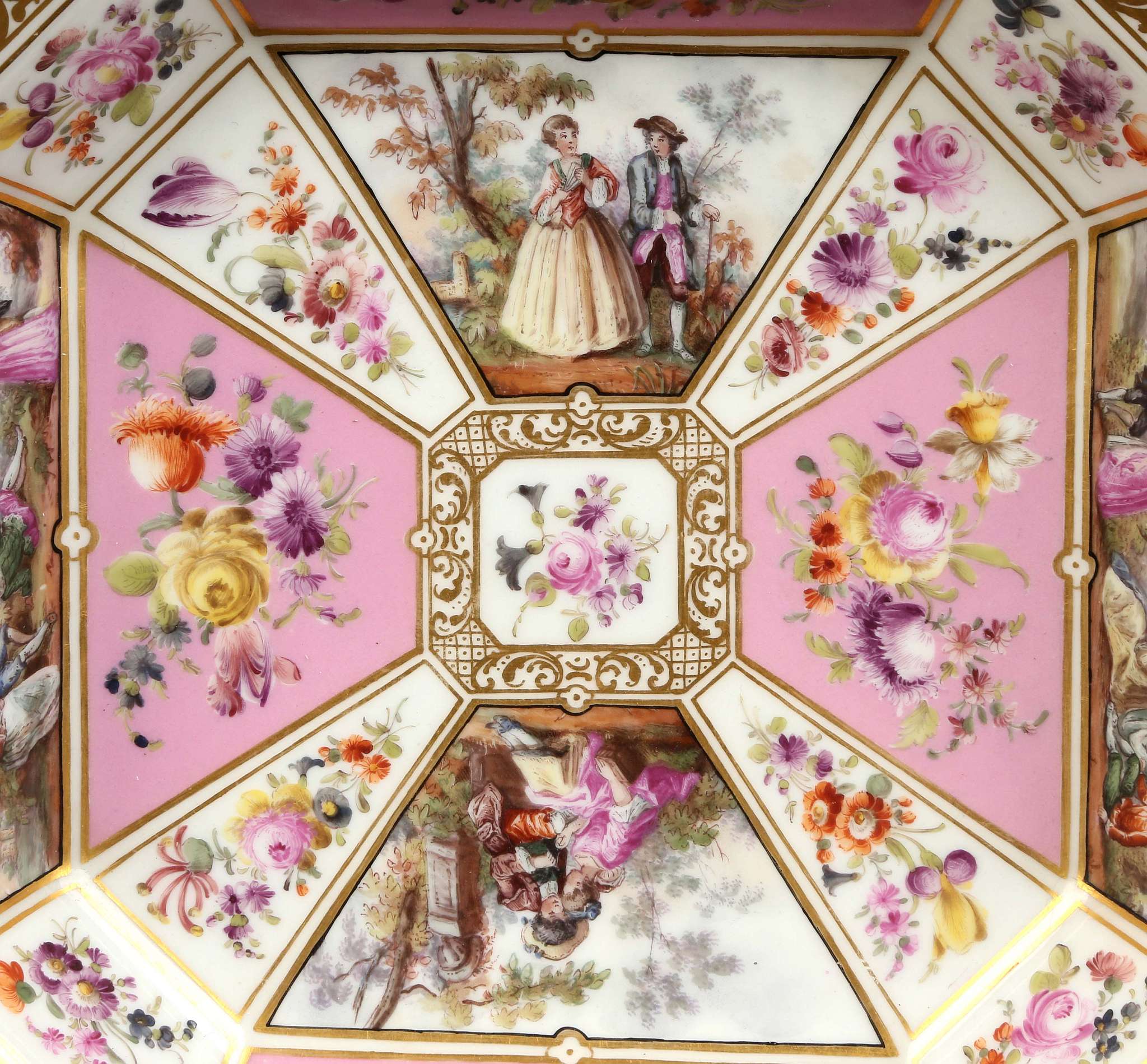 A FINE BERLIN DISH, early 19th century, of octagonal shape, finely painted with panels of courting - Image 2 of 4