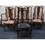 Queen Anne style dining chairs, walnut, set of 6 (4 + 2) on pad feet and a pair of earlier elbow
