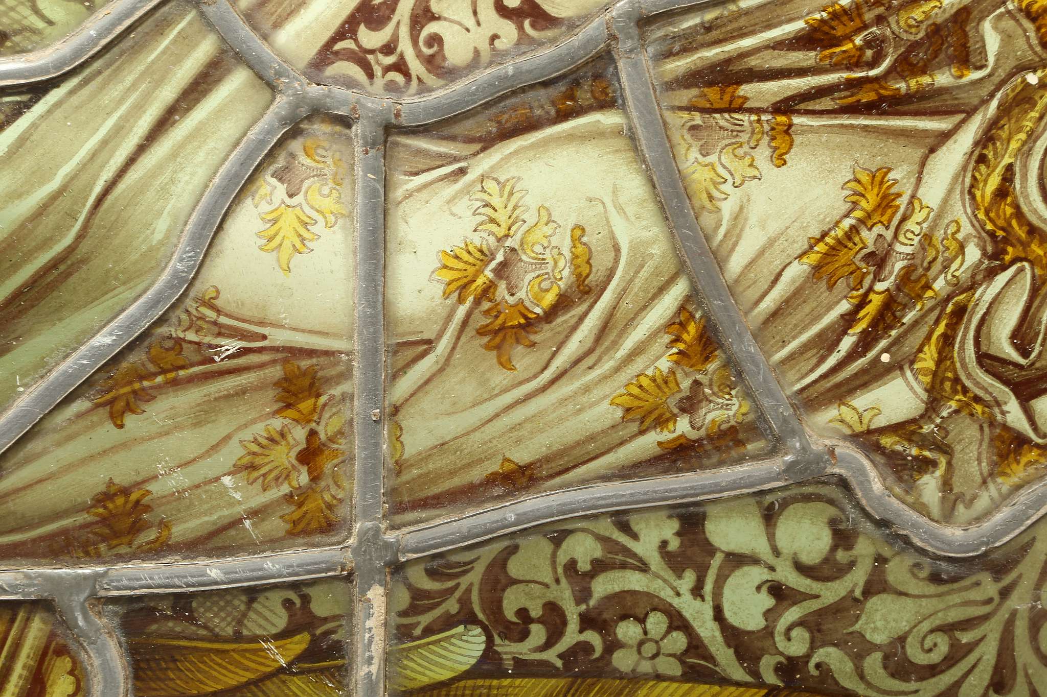 AN EXCEPTIONAL SET OF FOUR AESTHETIC PERIOD ECCLESIASTICAL PAINTED AND LEADED GLASS WINDOW PANELS, - Image 6 of 11