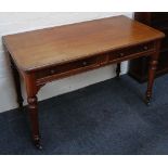 A late Victorian hall table, mahogany, twin drawers, turned and tapering legs, brass castors.