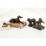 Four various bronze figures of dogs to include greyhound, bull mastiff, pug and an English sheepdog,