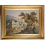 A Greek / Mediterranean idyllic scene, c.1850. Watercolour on paper. 42 x 57cm. Glazed and gilt